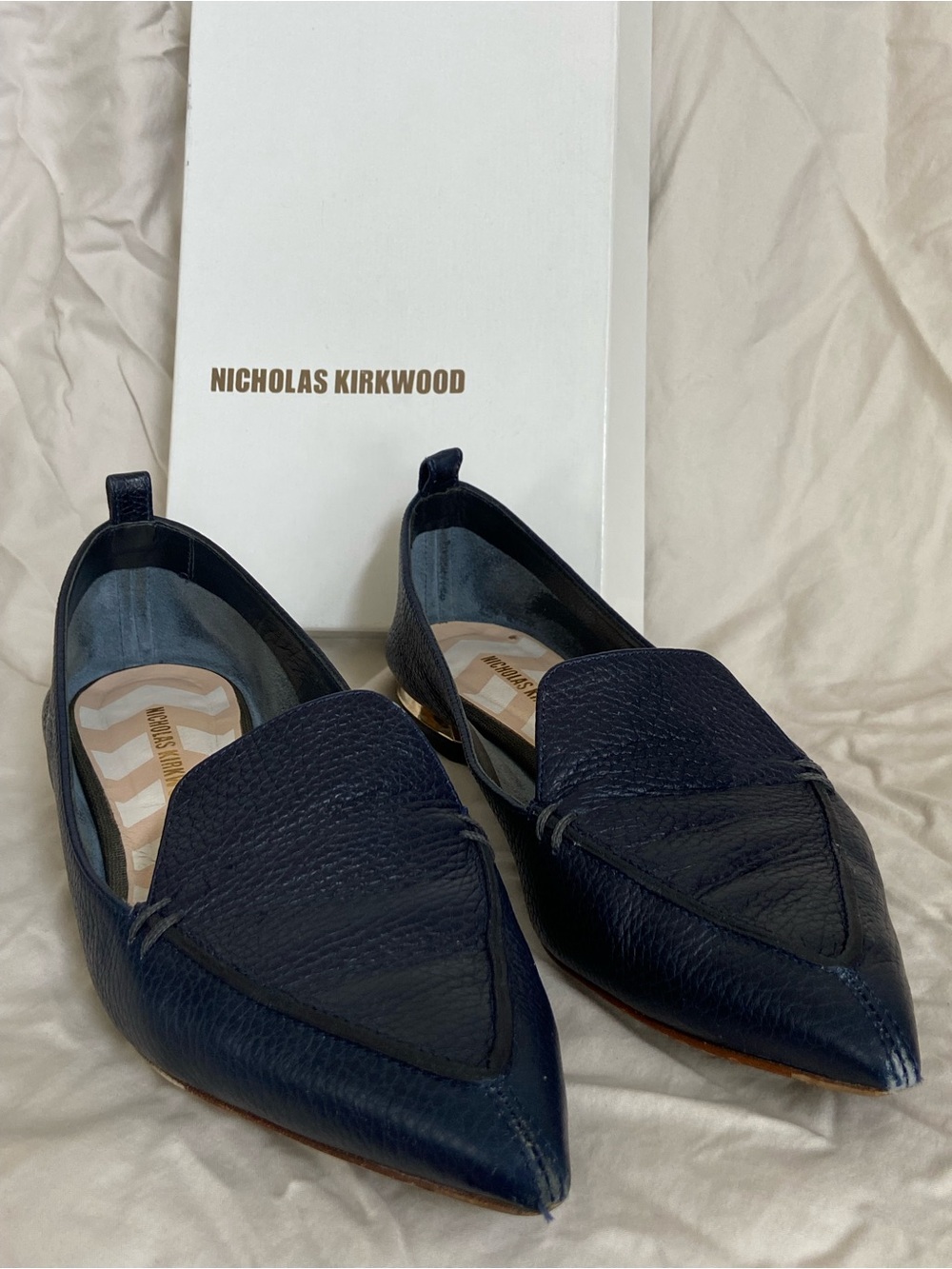 Nicholas Kirkwood Deep Navy Pebbled Leather Pointed Flats